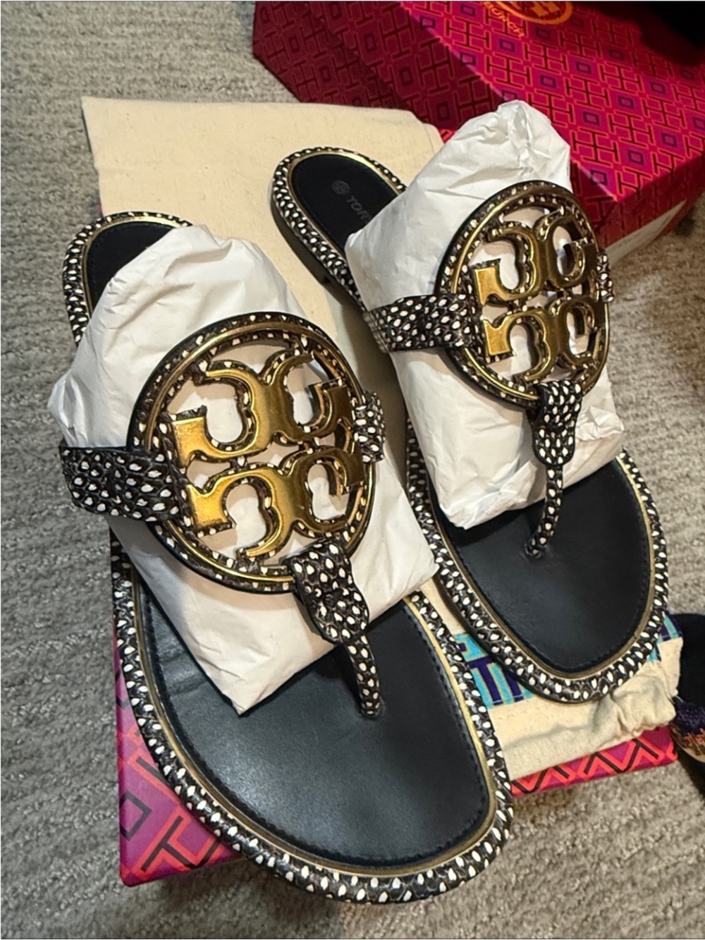 Tory Burch Black Sandals with Gold Logo Accent